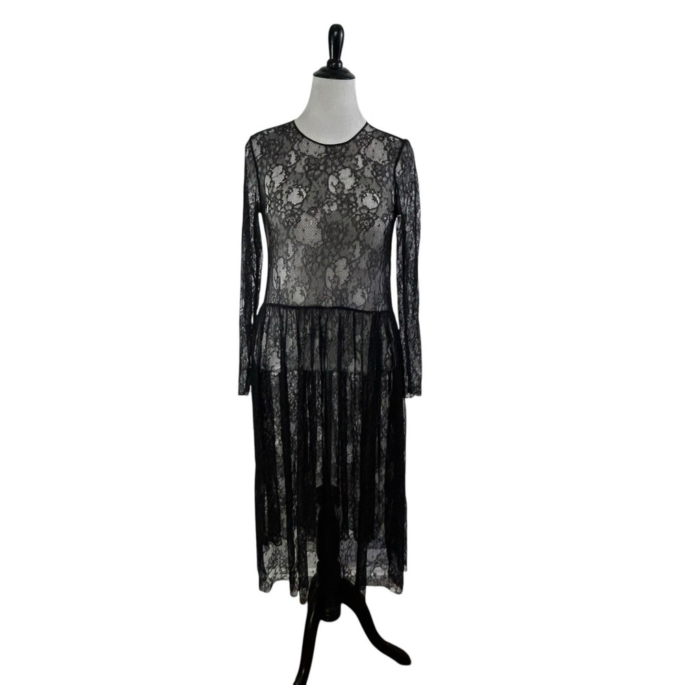 Black Lace Sheer Mesh DRESS M Witchy Whimsigoth Dark Fairy Grunge Party Long